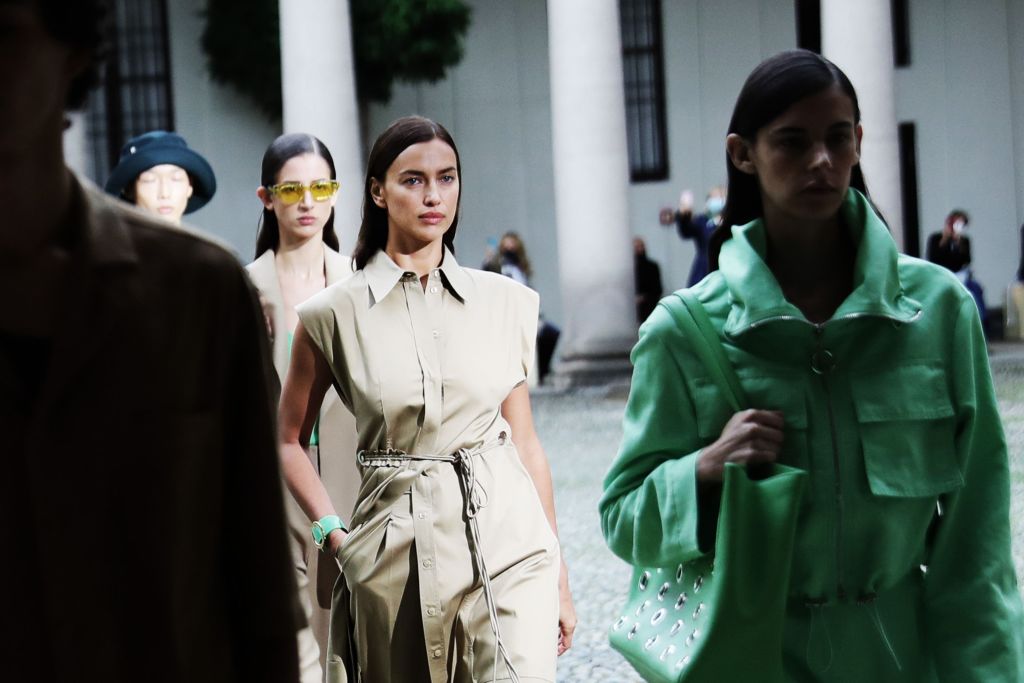 MILAN, ITALY - SEPTEMBER 25: : Irina Shayk walks the runway at the HugoBoss fashion show during the Milan Women's Fashion Week on September 25, 2020 in Milan, Italy. (Photo by Vittorio Zunino Celotto/Getty Images)